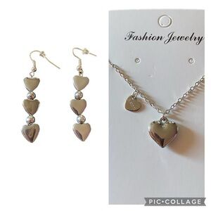 HEART EARRINGS AND NECKLACE-SILVER TONE